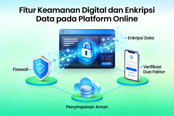 Ilustrasi fitur keamanan digital dan enkripsi data pada platform online